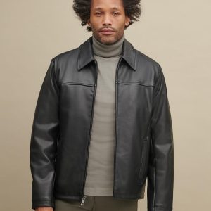 Black leather shirt collar jacket for men - Image 4