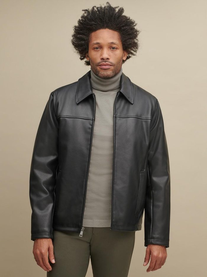 Black leather shirt collar jacket for men - Image 4