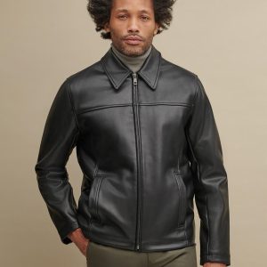 Black leather shirt collar jacket for men - Image 3