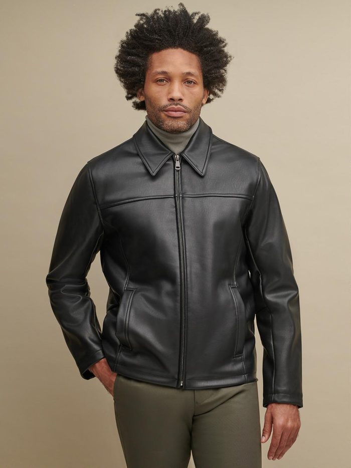 Black leather shirt collar jacket for men - Image 3