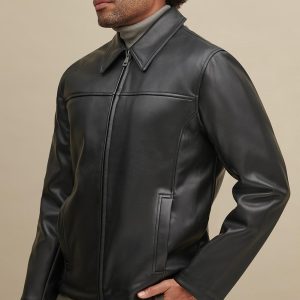 Black leather shirt collar jacket for men