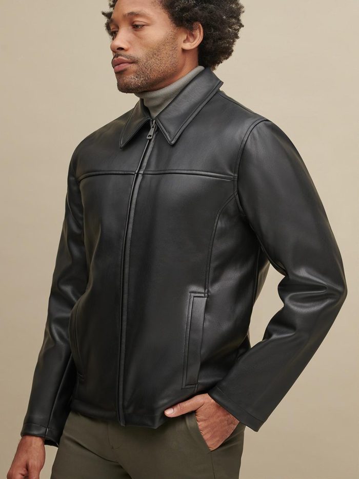 Black leather shirt collar jacket for men