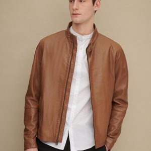 Smooth brown leather barracuda jacket for men