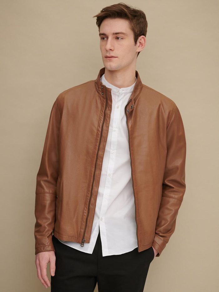 Smooth brown leather barracuda jacket for men