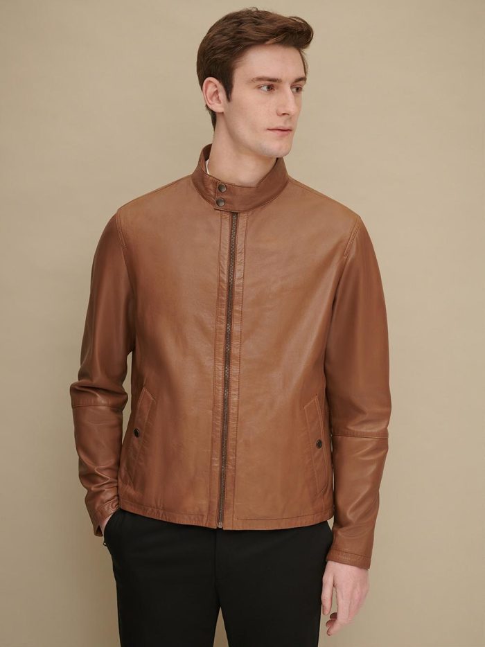 Smooth brown leather barracuda jacket for men - Image 2