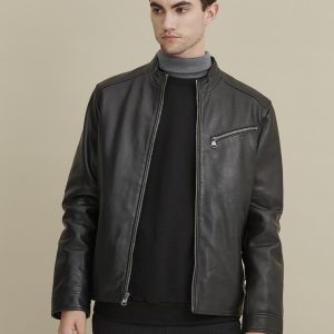 Black leather jacket with zipper pockets for men