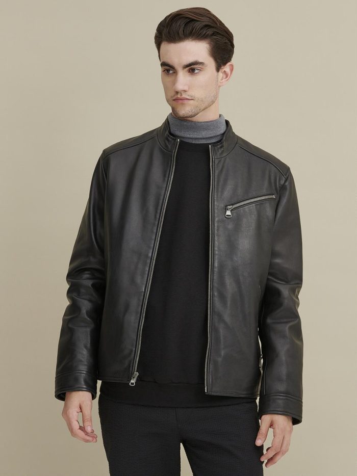 Black leather jacket with zipper pockets for men