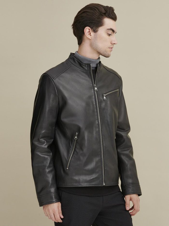 Black leather jacket with zipper pockets for men - Image 4