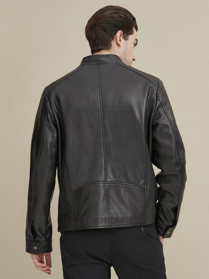 Black leather jacket with zipper pockets for men - Image 2