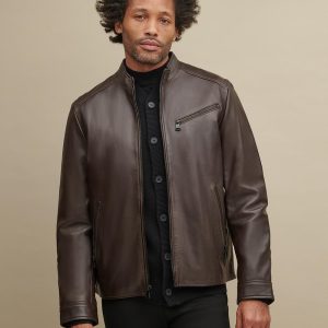 Black leather jacket with zipper pockets for men