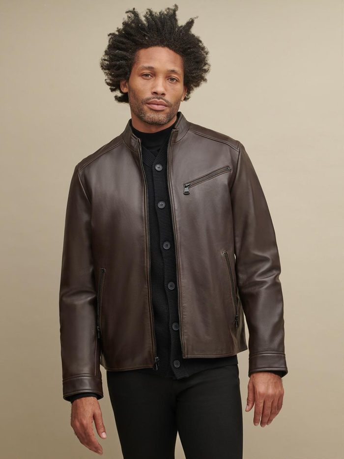 Black leather jacket with zipper pockets for men