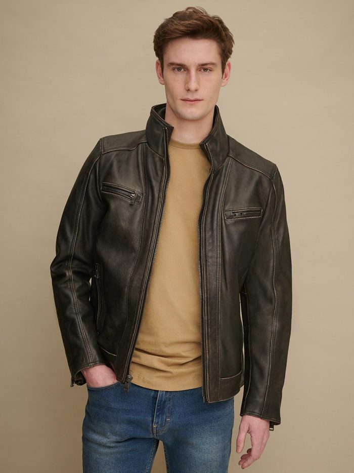 Foster black leather cycle jacket for men - Image 4
