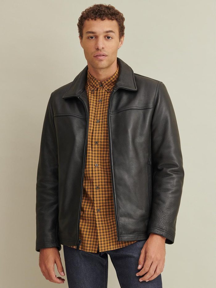 Lined black leather jacket for men - Image 2
