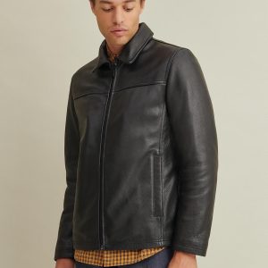 Lined black leather jacket for men