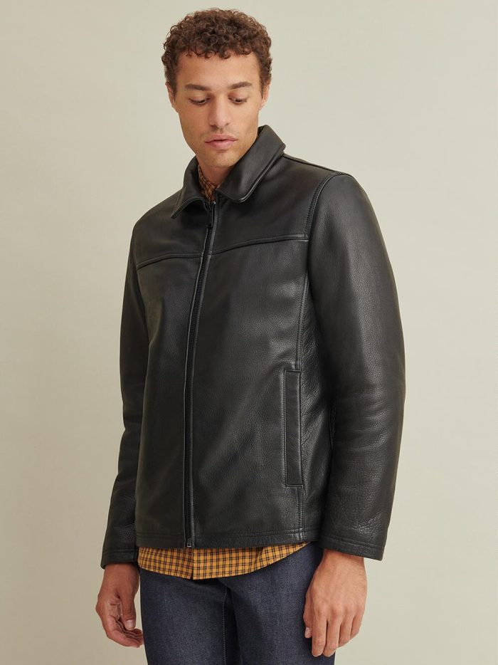 Lined black leather jacket for men