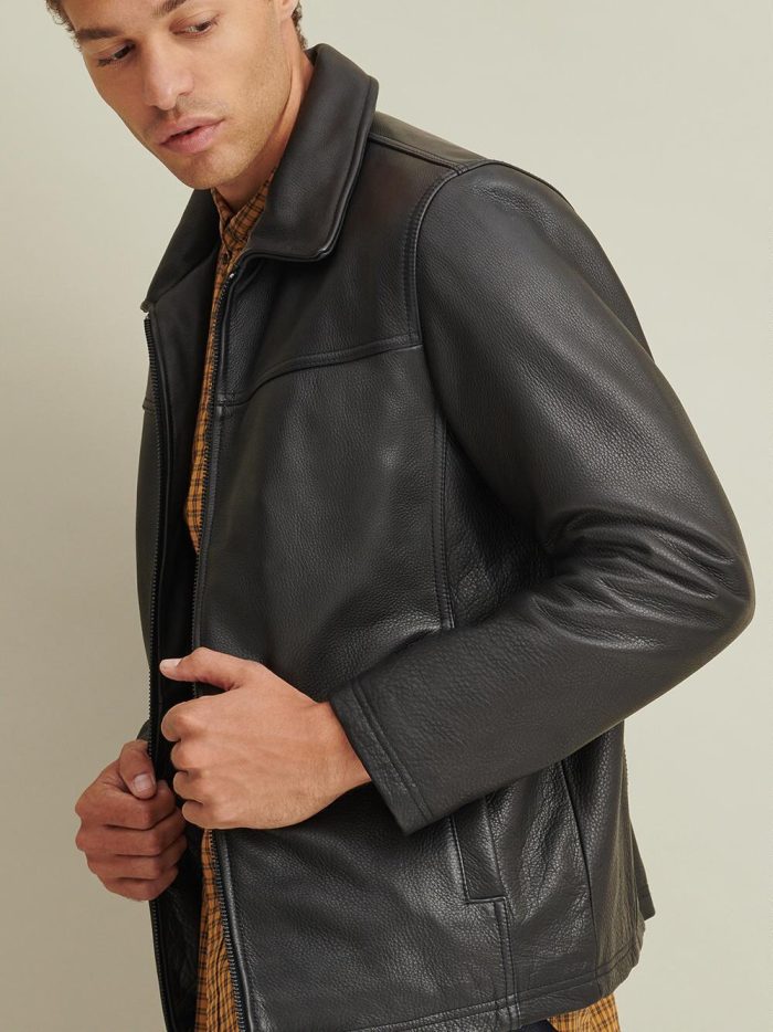 Lined black leather jacket for men - Image 4