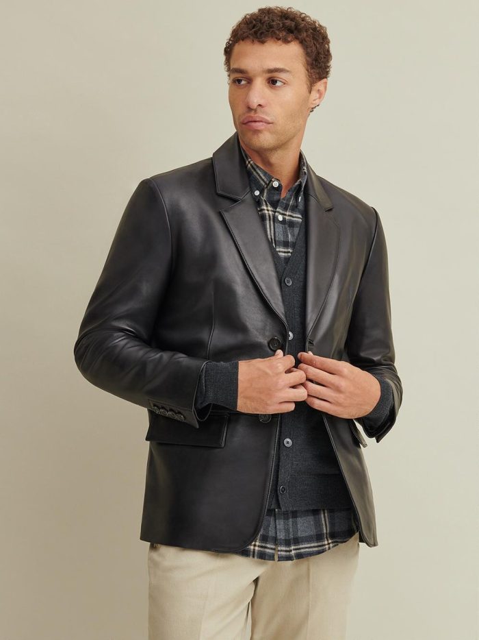 Two button black leather blazer for men - Image 4