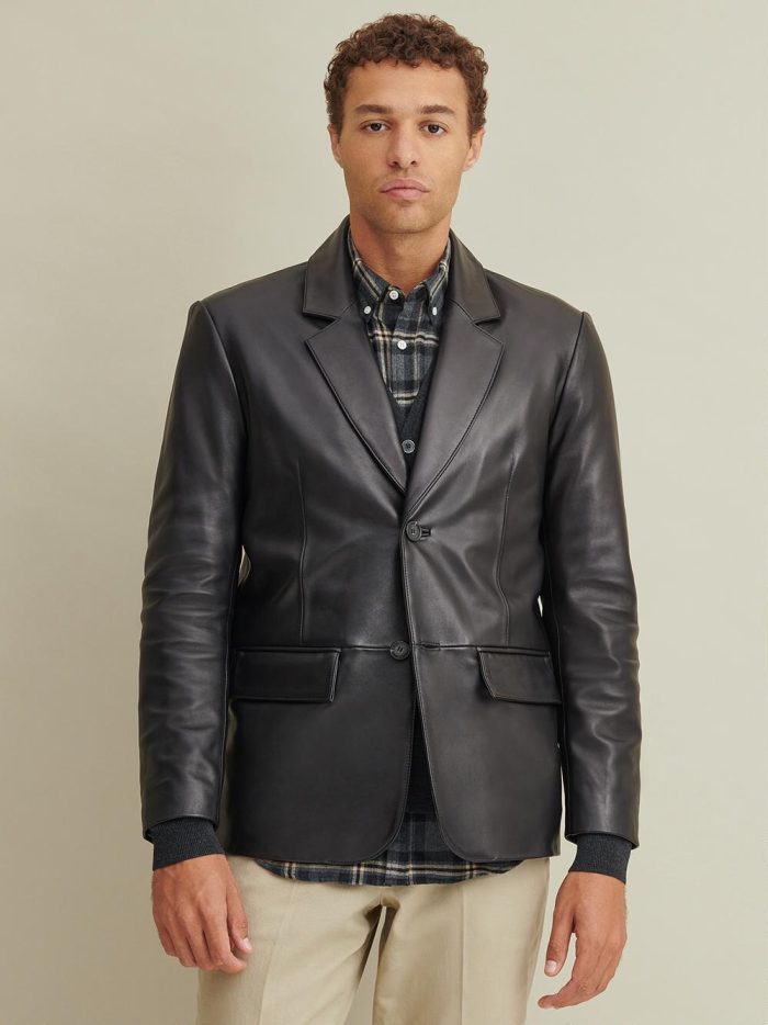 Two button black leather blazer for men