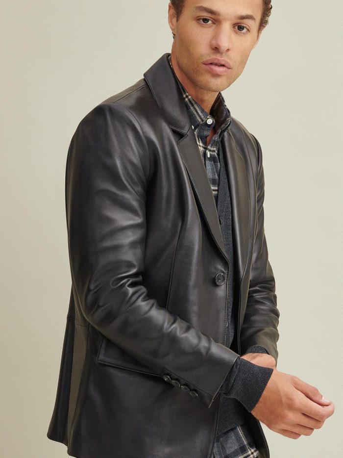 Two button black leather blazer for men - Image 3