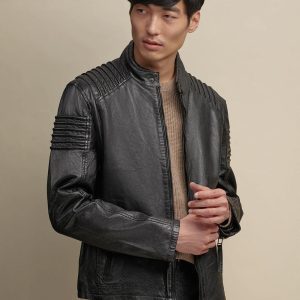 Zip up black leather jacket for men