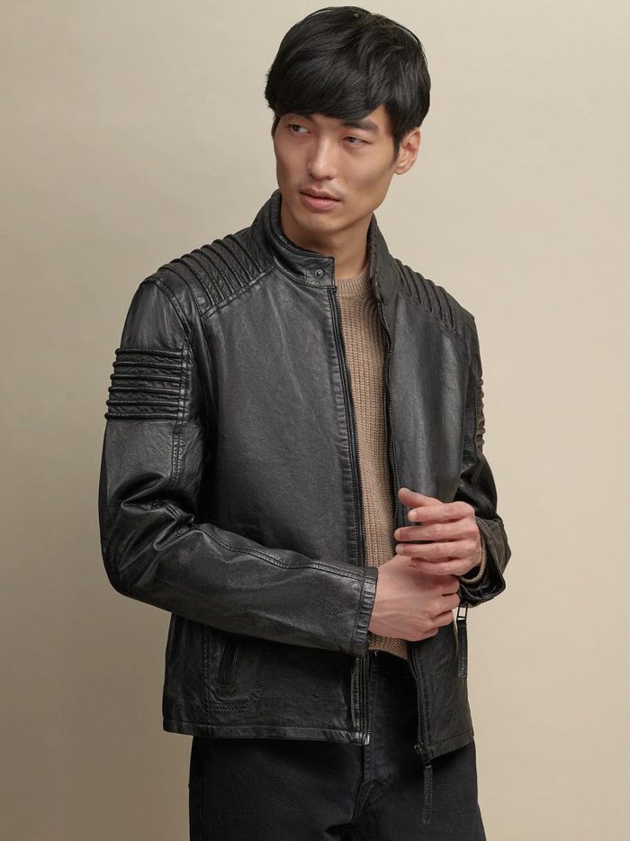Zip up black leather jacket for men