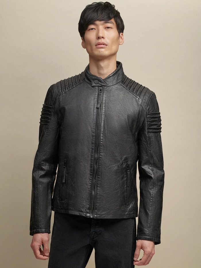 Zip up black leather jacket for men - Image 2