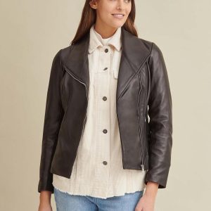 Knit detail black leather jacket for women