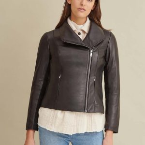 Knit detail black leather jacket for women - Image 2