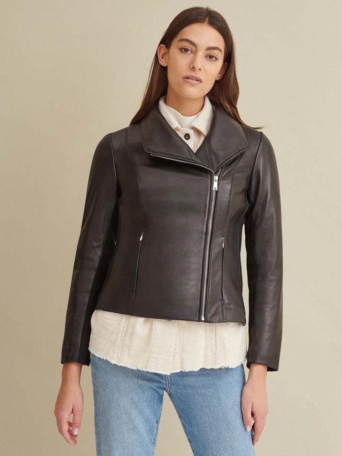 Knit detail black leather jacket for women - Image 2