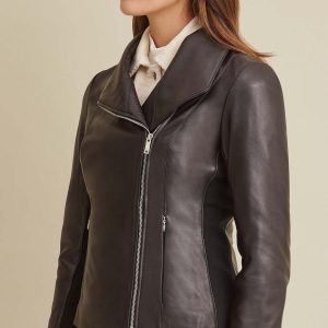 Knit detail black leather jacket for women - Image 4