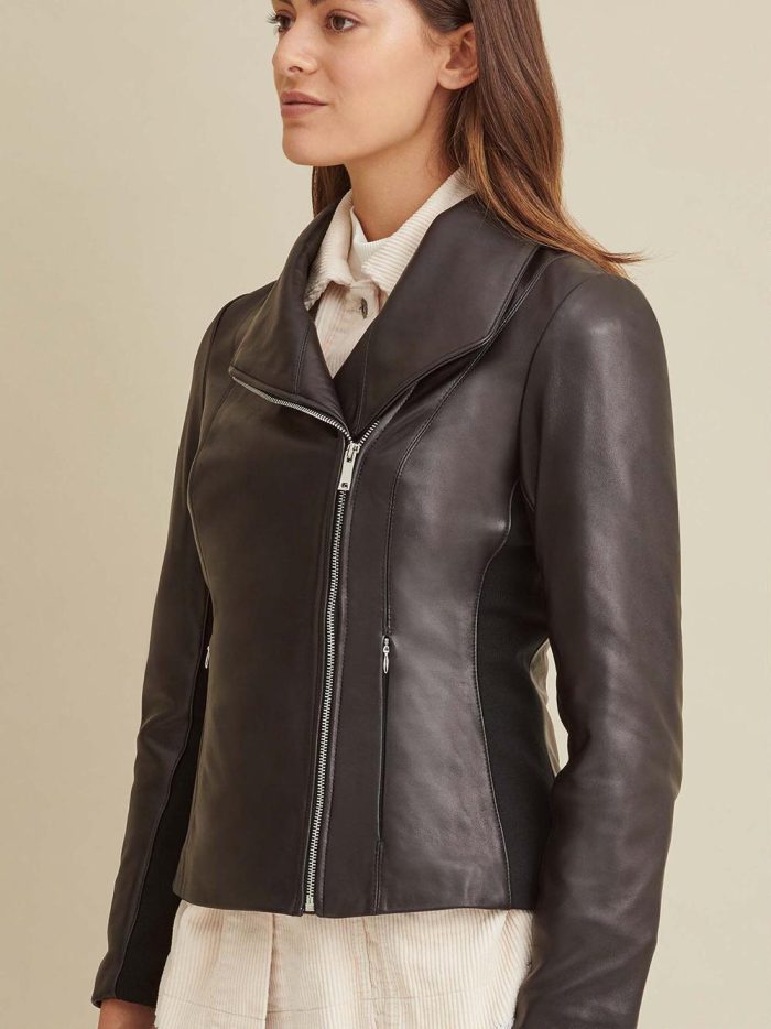 Knit detail black leather jacket for women - Image 4