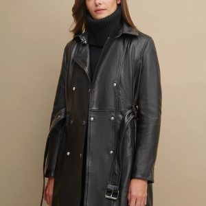 Classic black leather belted trench coat for women - Image 4