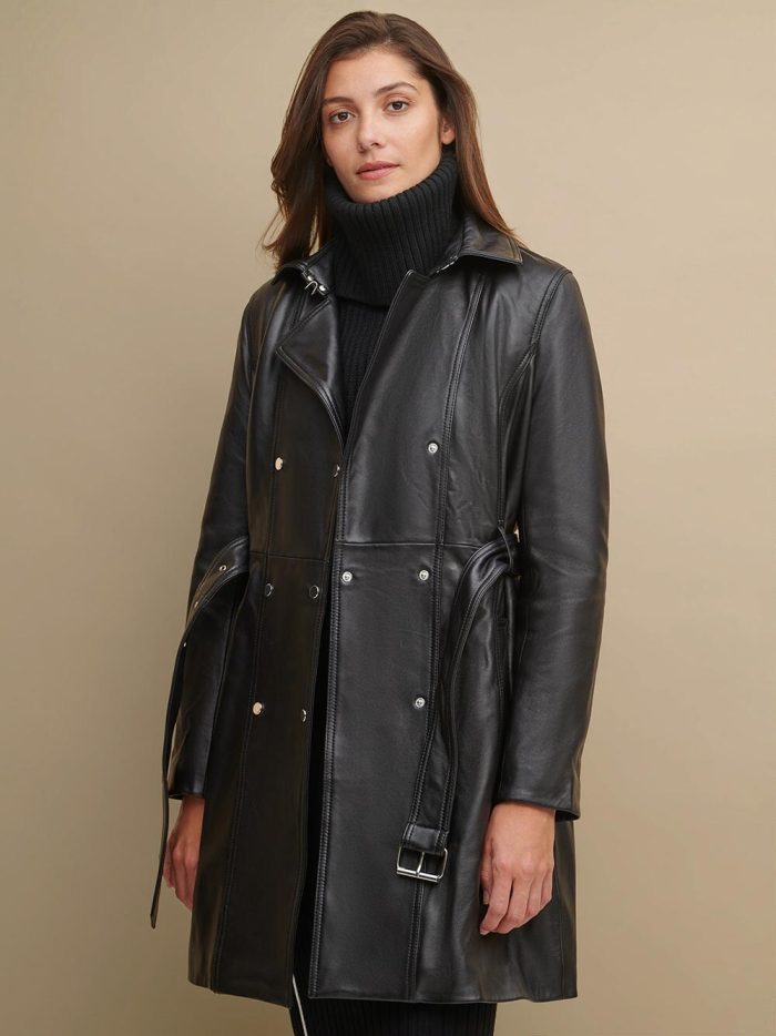 Classic black leather belted trench coat for women - Image 4