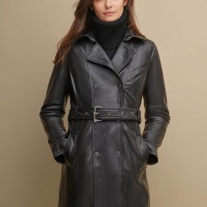 Classic black leather belted trench coat for women