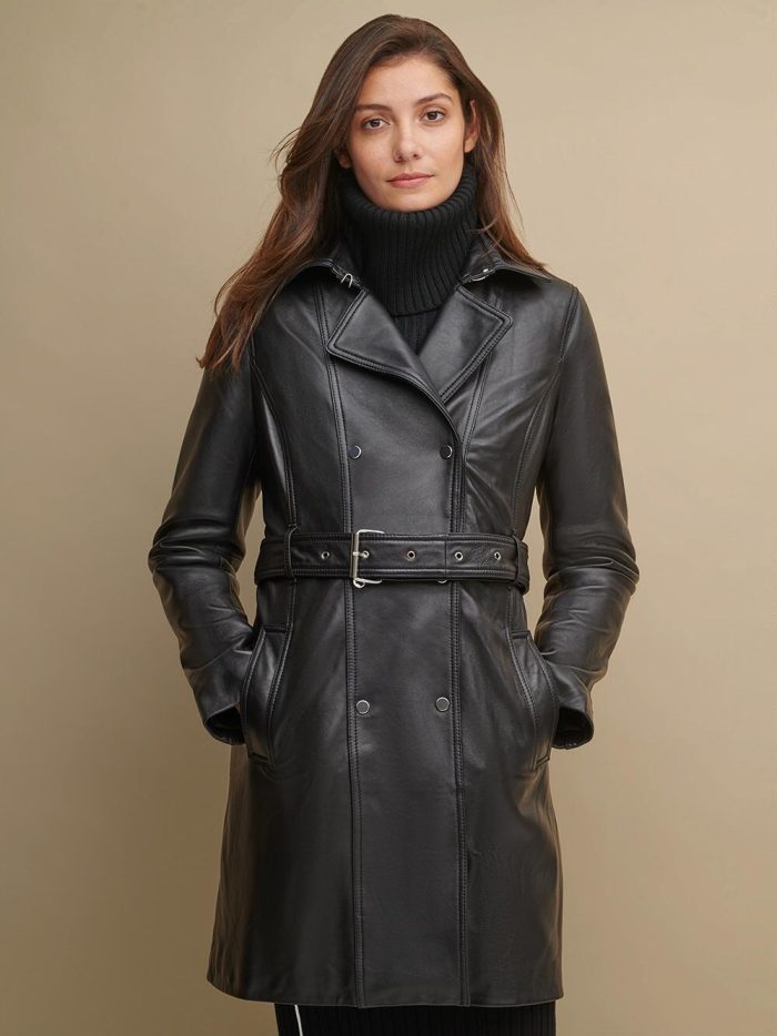 Classic black leather belted trench coat for women