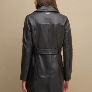 Classic black leather belted trench coat for women - Image 2