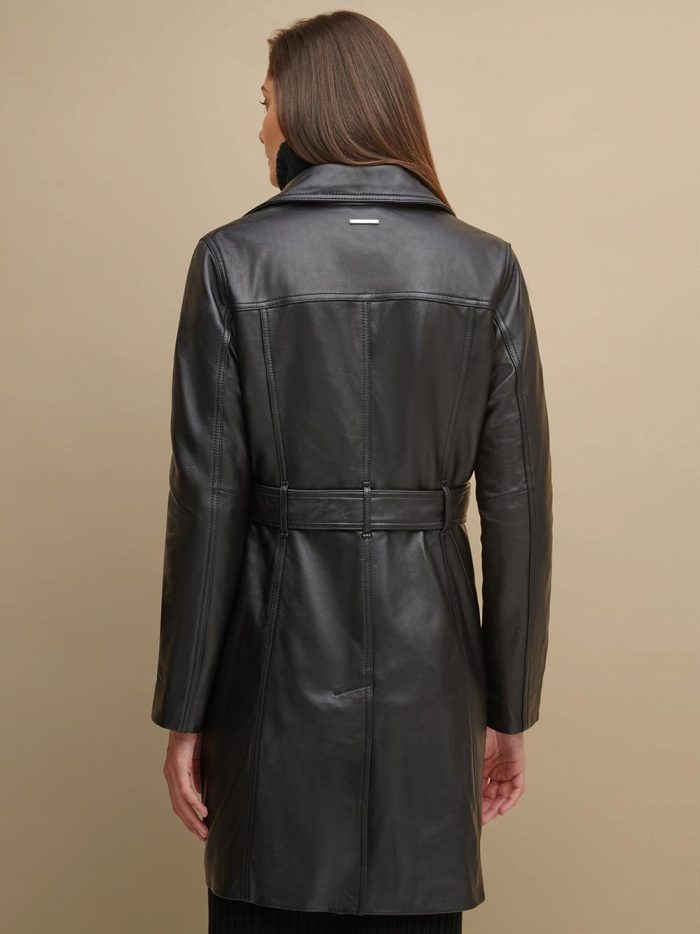 Classic black leather belted trench coat for women - Image 2