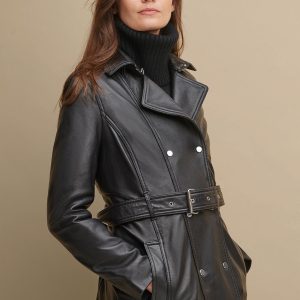 Classic black leather belted trench coat for women - Image 3