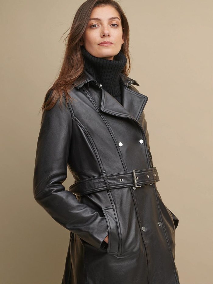 Classic black leather belted trench coat for women - Image 3