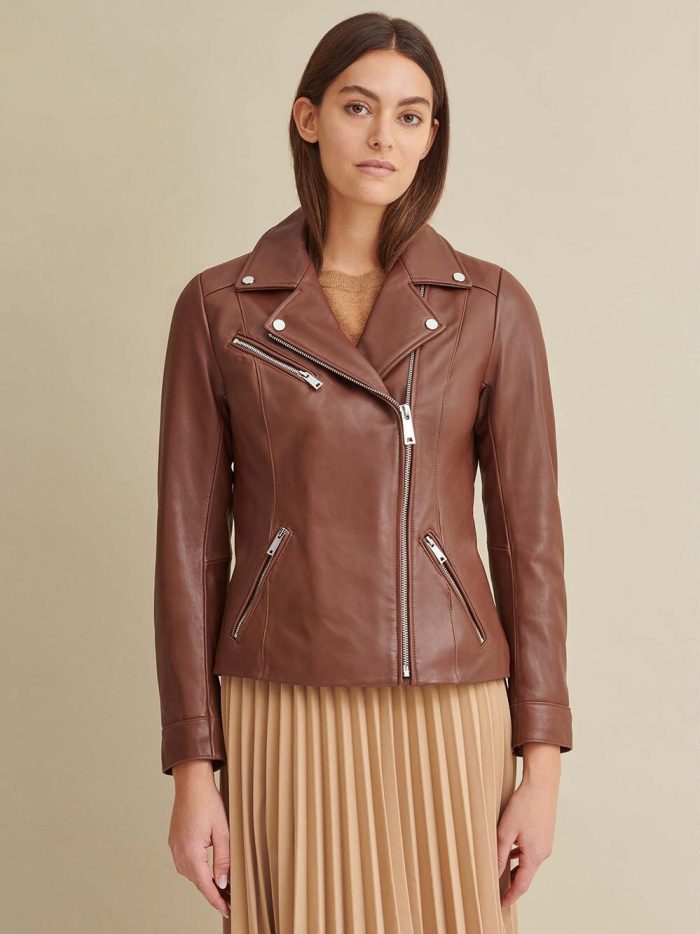Brown leather jacket with metallic details for women - Image 4