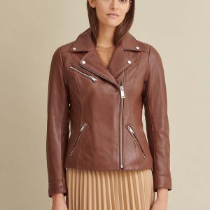 Zipper brown leather jacket for women
