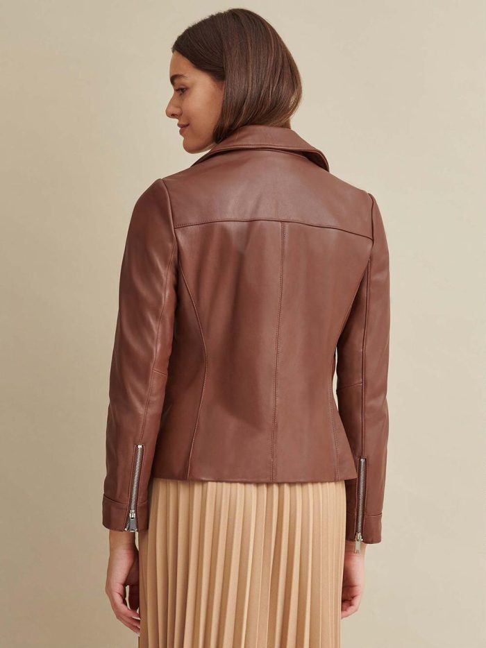 Zipper brown leather jacket for women - Image 3