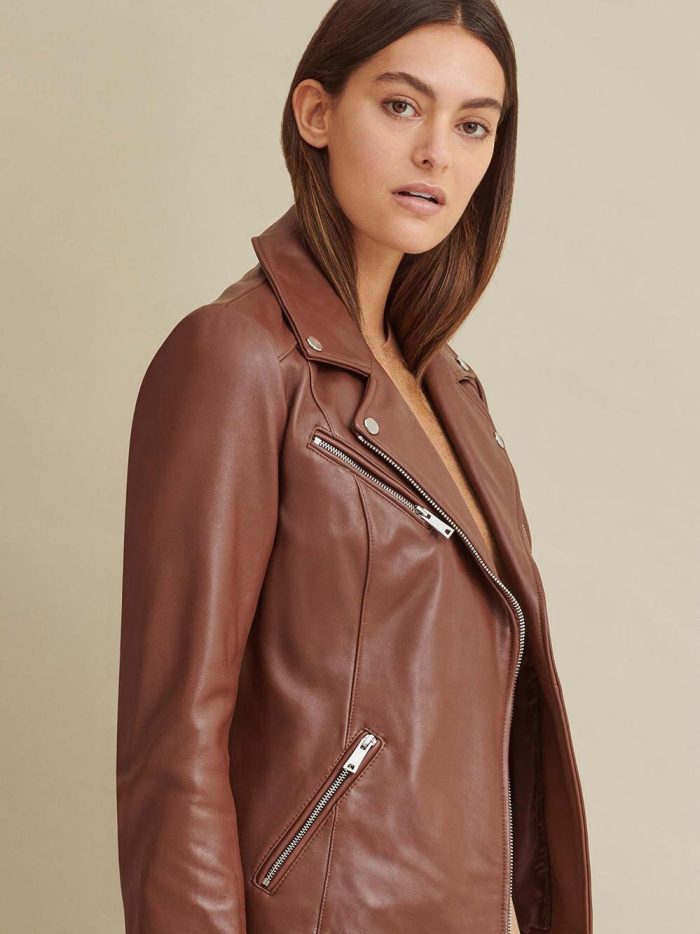 Brown leather jacket with metallic details for women - Image 3
