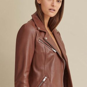 Zipper brown leather jacket for women - Image 4
