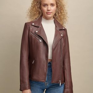 Zipper brown leather jacket for women - Image 2