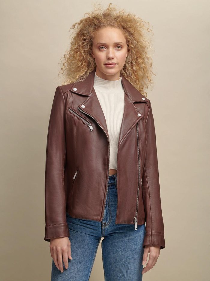 Zipper brown leather jacket for women - Image 2