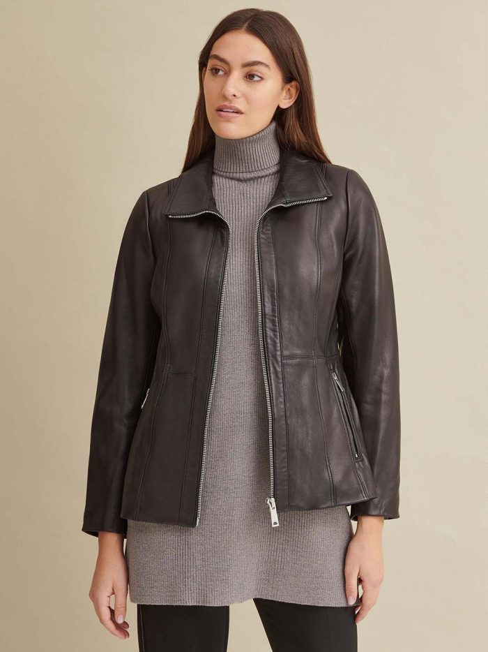 Convertible collar black leather jacket for women - Image 4