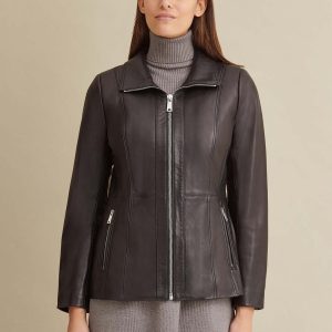 Convertible collar black leather jacket for women