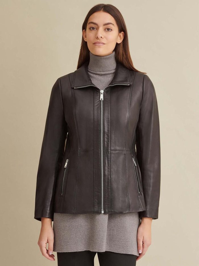 Convertible collar black leather jacket for women