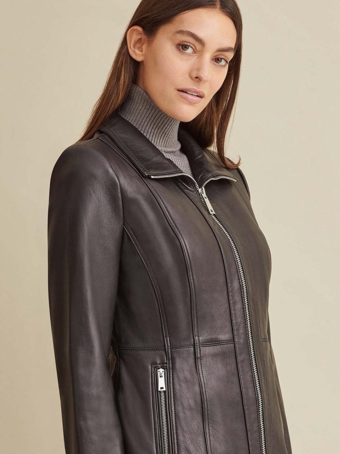Convertible collar black leather jacket for women - Image 3